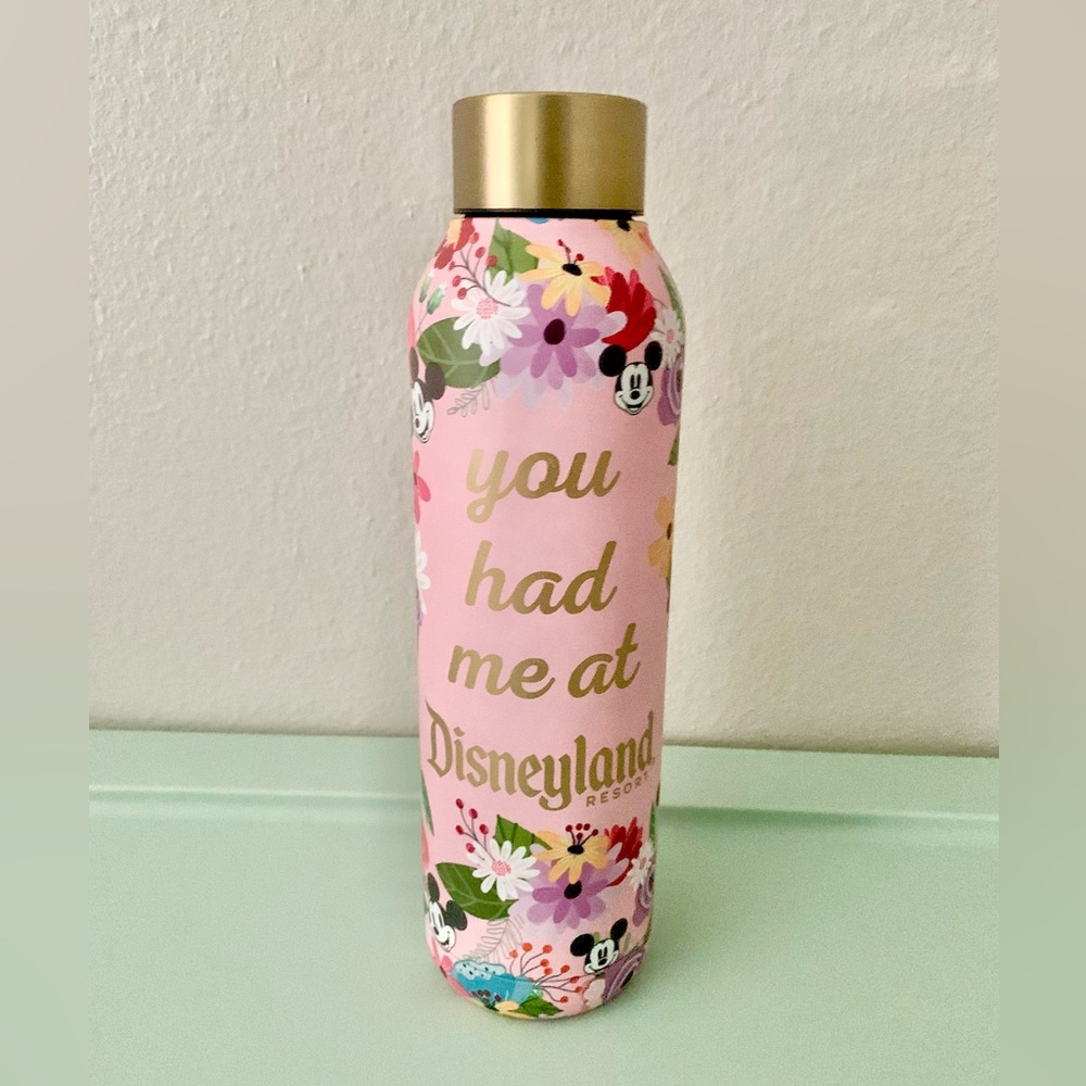 NWT Disney Parks YOU HAD ME AT DISNEYLAND Water Bottle Metal Pink Floral Flowers